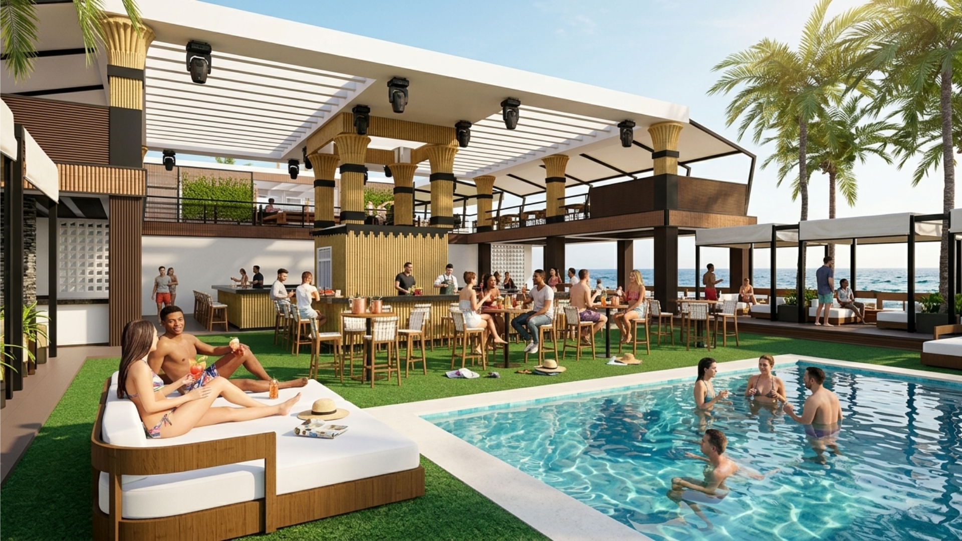 Daylife pool party concept with elevated venue decks, pool lounge seating, and social hospitality zones
