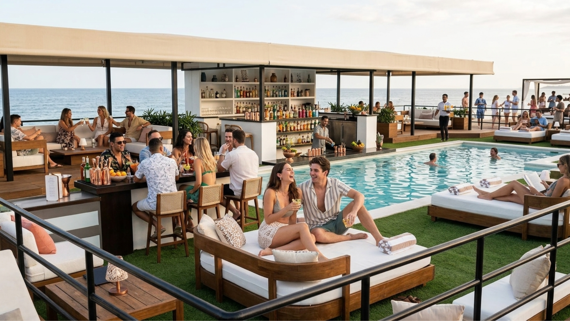 Sunset lounge and daybeds beside the ocean-view pool