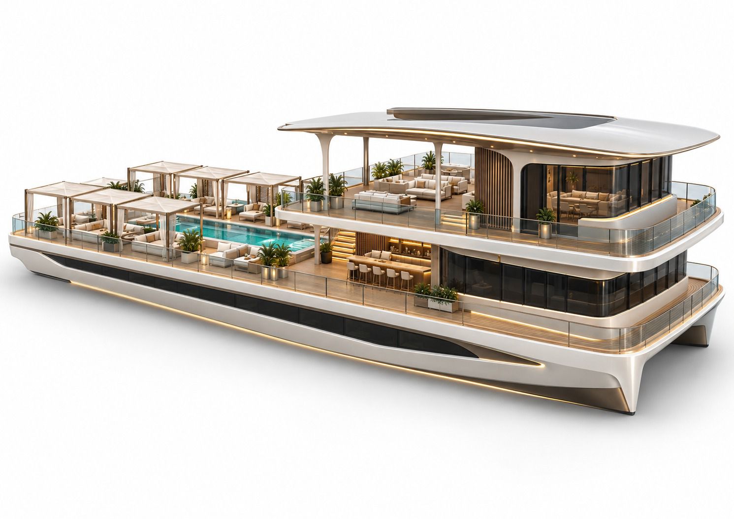 Reef 178ft Slim side rendering with two-level lounge