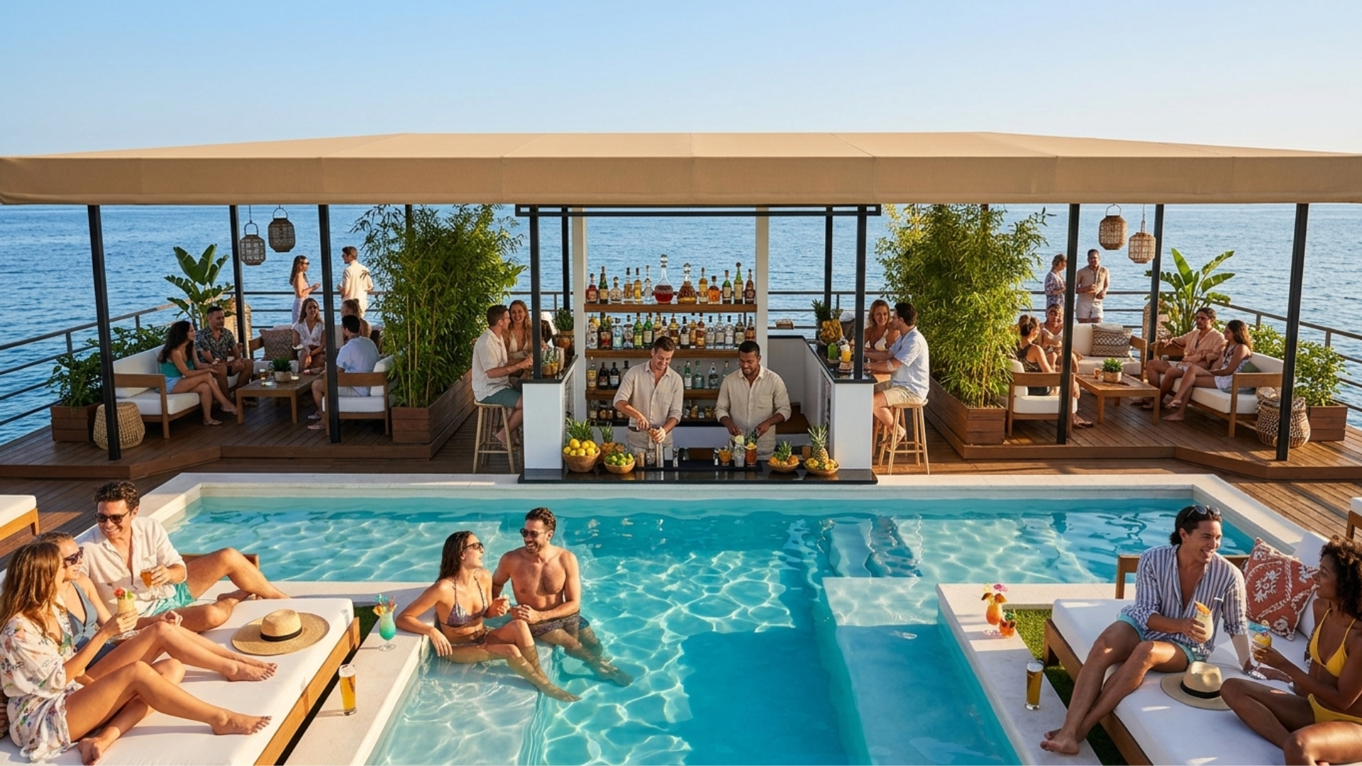 Poolside bar with bartenders serving guests at golden hour