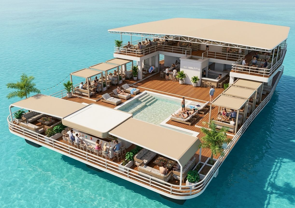 Reef 110ft Compact aerial rendering with pool and upper deck