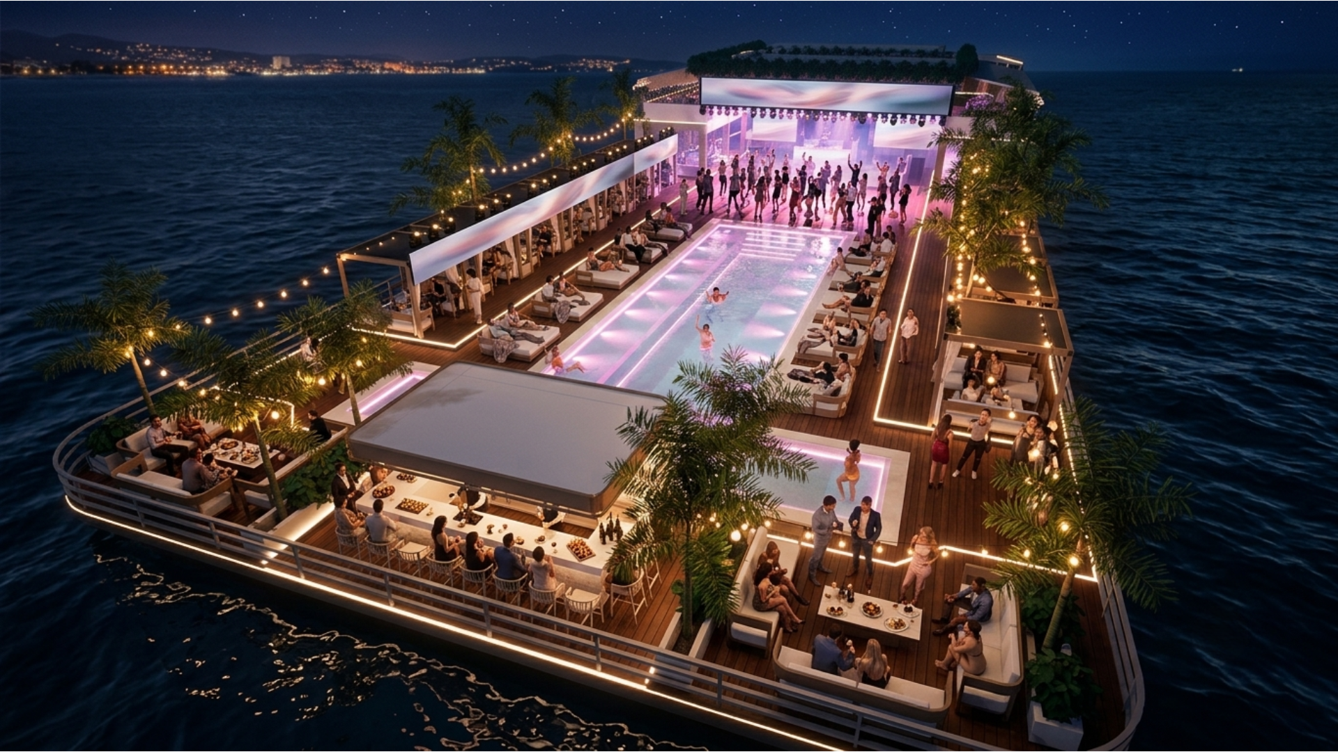 Reef Ocean Club illuminated at night with guests enjoying the venue