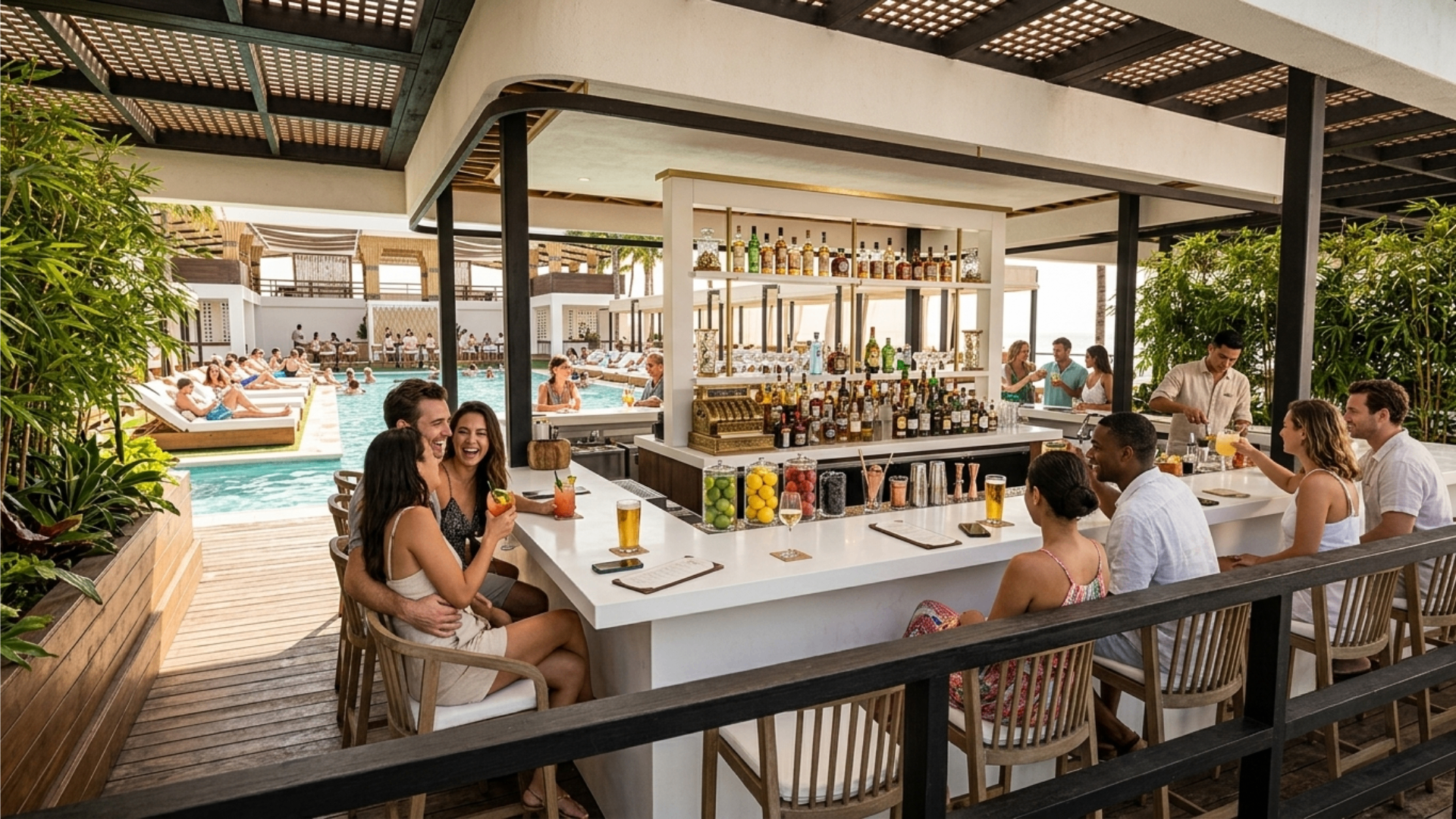 Guests enjoying cocktails at the day club pool bar