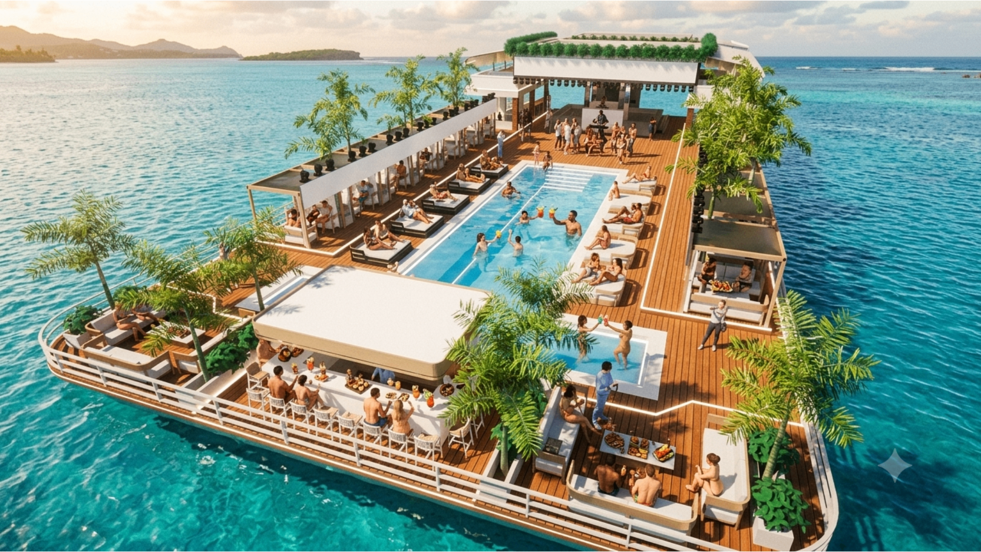 Reef Ocean Club aerial view with pool, cabanas and bar at sunset