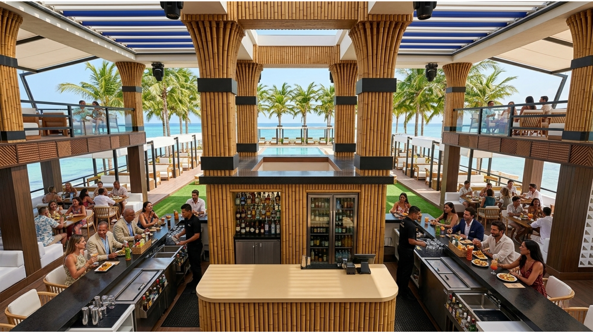 Symmetrical central bar concept with double-side service counters, upper decks, and direct ocean views