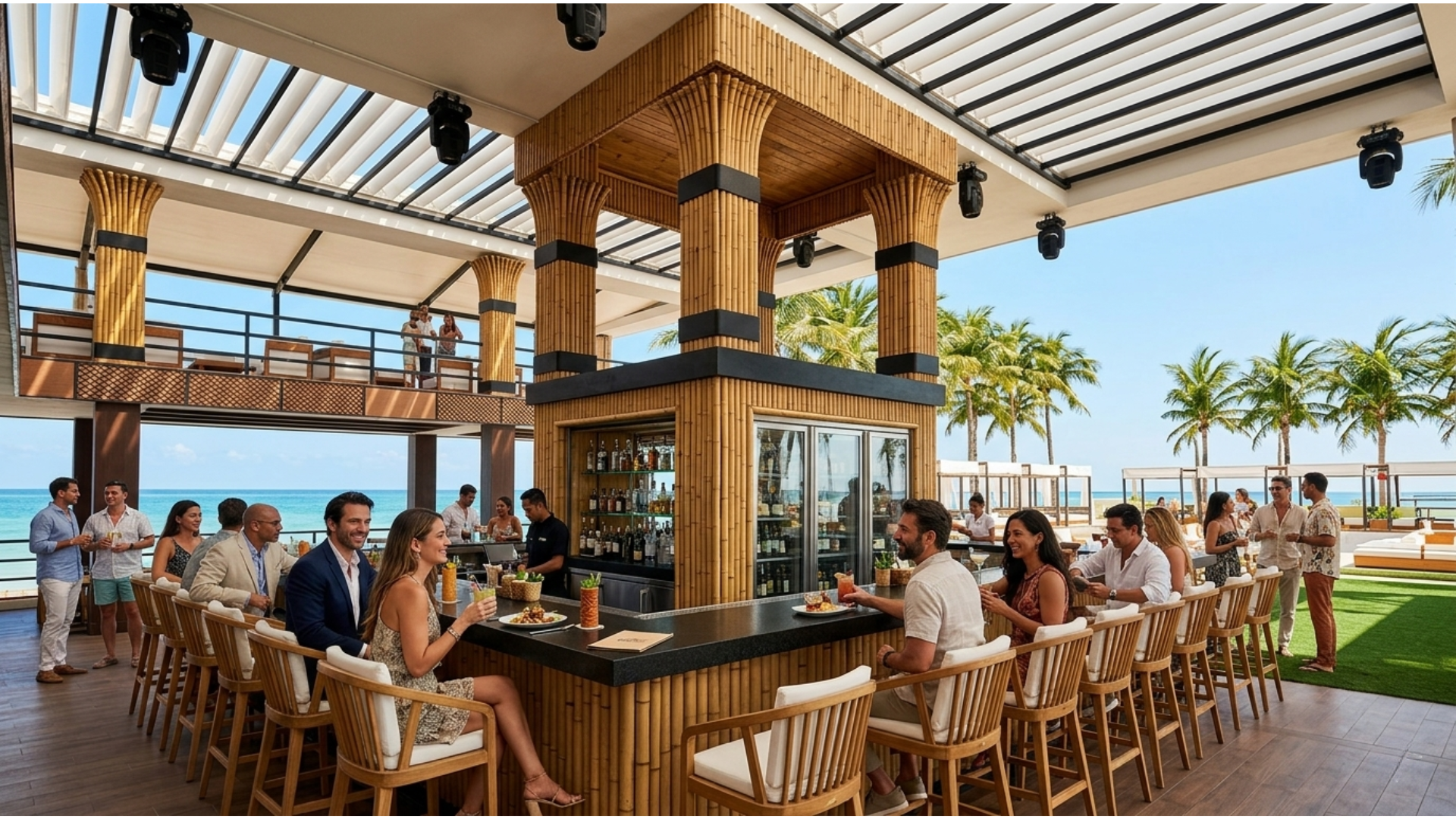 Open-air bar concept with bamboo-clad central pavilion, elevated decks, and ocean-facing social seating