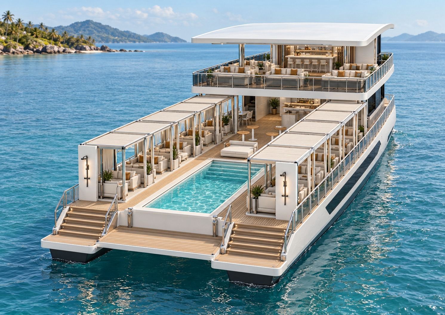 Reef 178ft Slim stern rendering with central pool