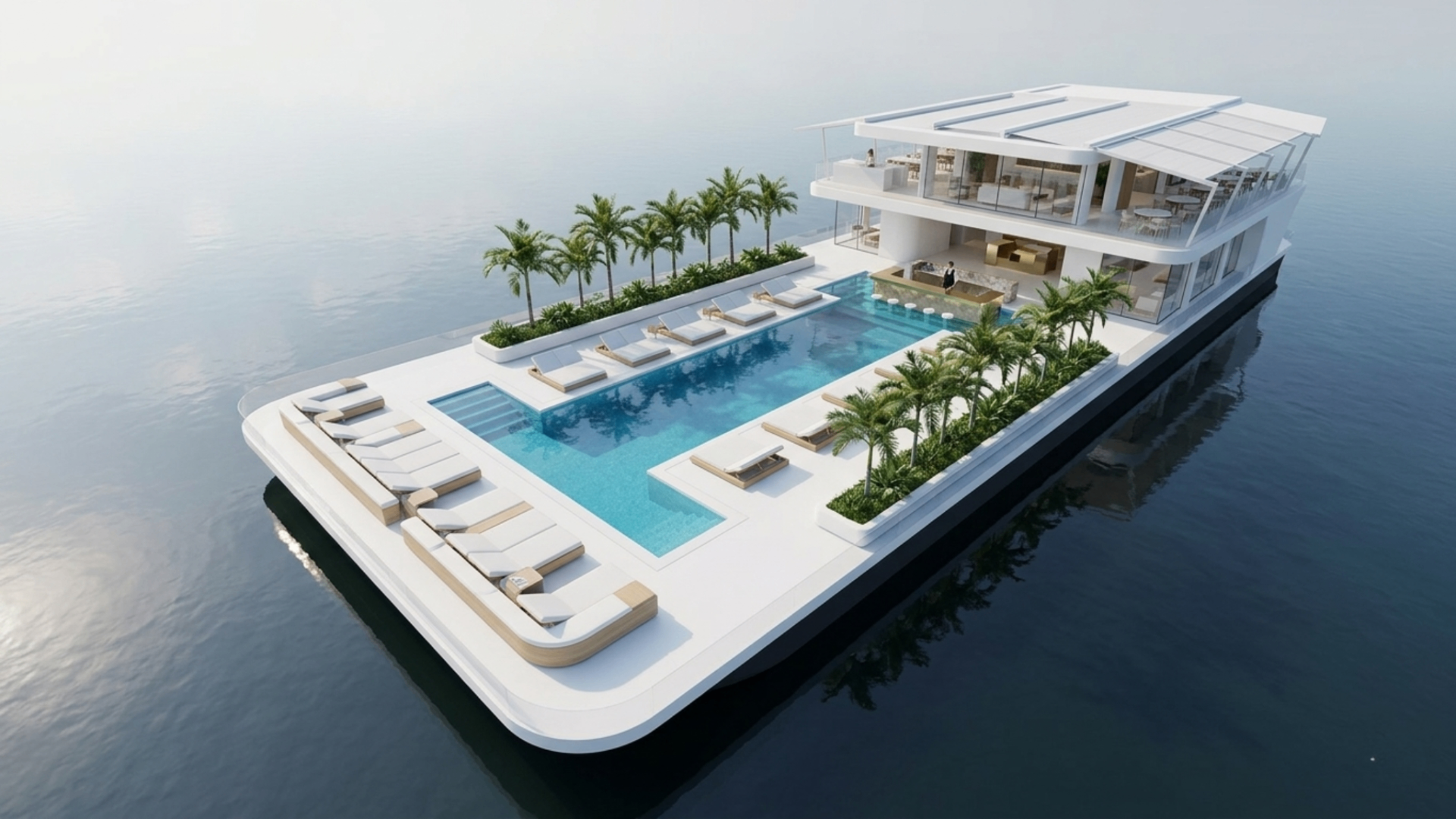 Floating luxury villa concept with expansive pool, private lounge decks, and minimalist residential architecture