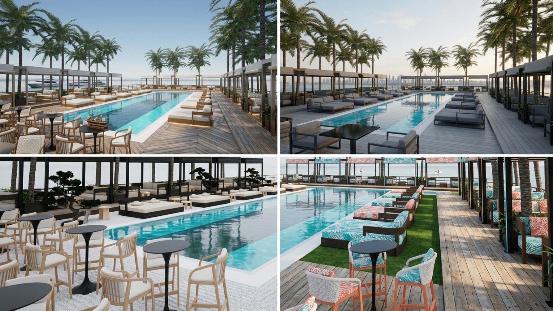Pool deck concept collage showing cabanas, long central pool, and premium lounge seating arrangements
