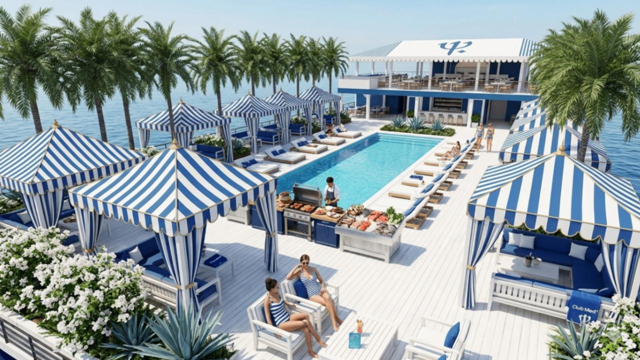 Striped cabanas surrounding the central pool deck