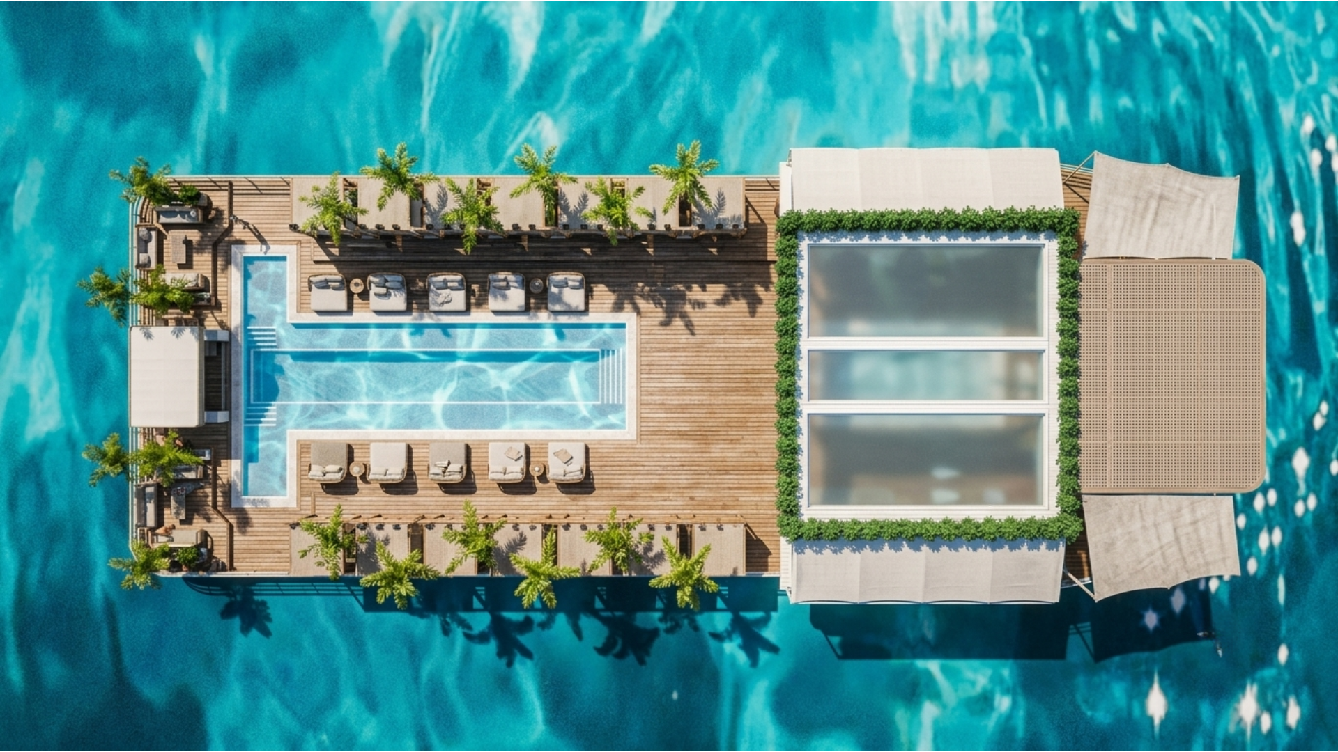 Top-down aerial view of Reef Ocean Club pool deck and cabanas